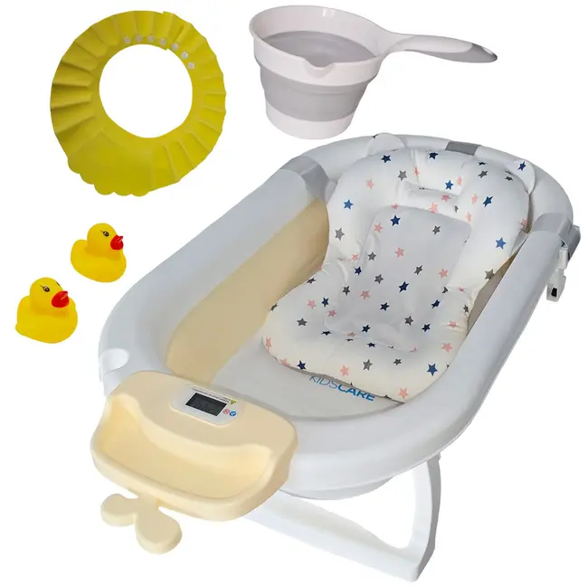 Cadita pliabila bej KidsCare, termometru, perna reductor, jucarii, protectie cap, cana pliabila SUPKC-CB311-beige
