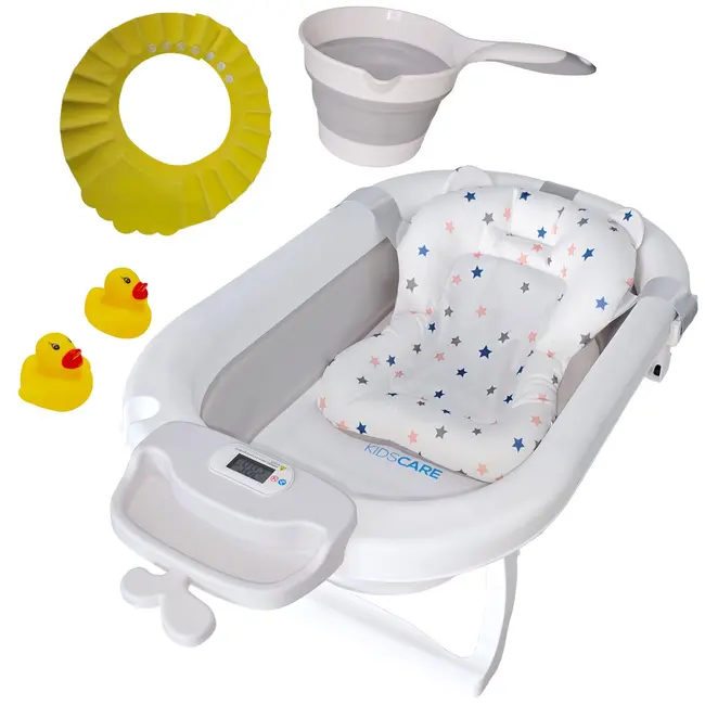 Cadita pliabila gri KidsCare, termometru, perna reductor, jucarii, protectie cap, cana pliabila SUPKC-CB311-grey