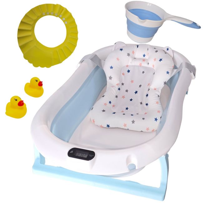 Cadita pliabila pentru bebelusi albastra KidsCare, termometru, perna reductor, jucarii, protectie cap, cana pliabila SUPKC-CB312-blue