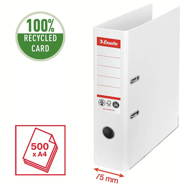 Biblioraft Esselte No.1 Power Recycled, carton, 100% reciclat, reciclabil, certificare FSC, A4, 75 mm, alb BPTCSL007570