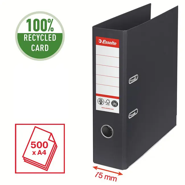 Biblioraft Esselte No.1 Power Recycled, carton, 100% reciclat, reciclabil, certificare FSC, A4, 75 mm, negru BPTCSL007569