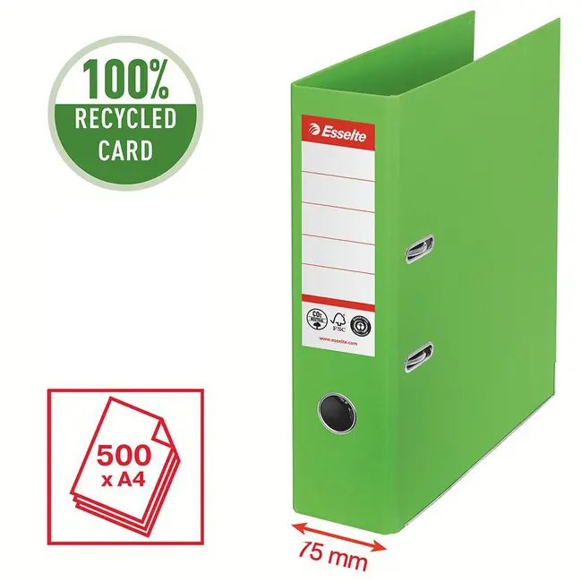 Biblioraft Esselte No.1 Power Recycled, carton, 100% reciclat, reciclabil, certificare FSC, A4, 75 mm, verde BPTCSL007567