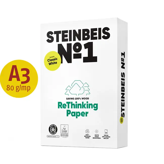 Hartie copiator reciclata, Recyconomic Classic White, A3, 80 g/mp, 500 coli/top BPTCNF2283