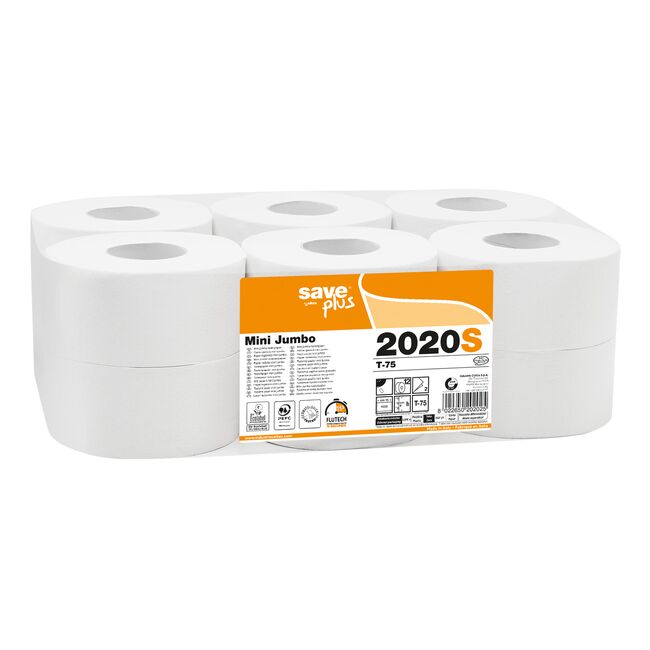 Hartie igienica Mini Jumbo reciclat, alba, 2 straturi, 1000 portii, 150m, 12 role/bax BPTCCE002020B