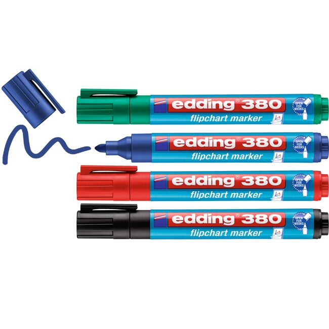 Marker Edding 380 pentru flipchart, varf rotund, 1.5-3 mm, 4 culori/set (negru, albastru, rosu, verde) BPTCED380005