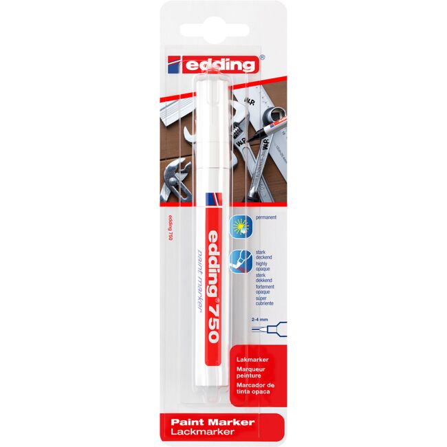 Marker Edding 750, cu vopsea, corp metalic, varf 2-4 mm, alb, blister BPTCED75049B