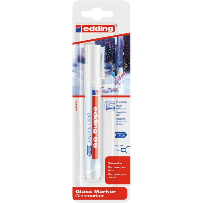 Marker Edding 95 pentru suprafete de sticla, varf rotund, 1.5-3 mm, alb, blister BPTCED49511B