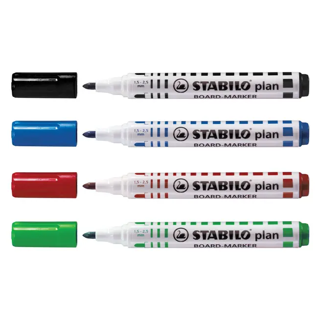 Marker pentru tabla Stabilo Plan 64, varf rotund, 2.5-3.5mm, 4 bucati/set ( negru, rosu, albastru, verde) BPTCSW13641