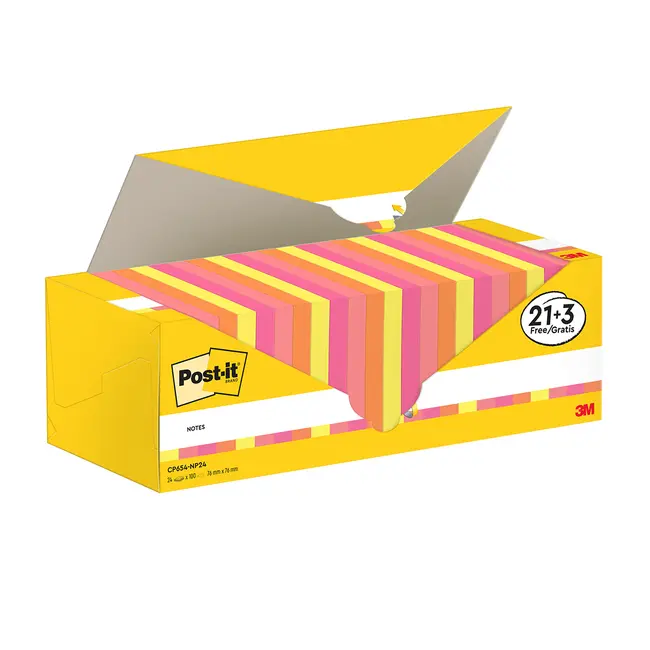 Notite adezive, Post-it, 76 x 76 mm, multicolor, 100 file/bucata, 21 + 3 gratuite, 100% PEFC BPTC3M1365491