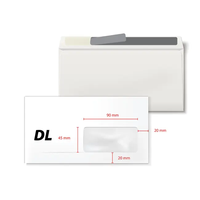 Plic DL, 110 x220 mm, fereastra dreapta 45 x 90 mm, alb, autoadeziv, 80 g/mp, 1000 bucati/cutie BPTCKF20211