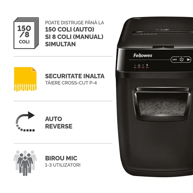 Distrugator Fellowes Automax 150c AUTO FEED CROSS CUT, negru, auto-reverse, sleep-mode BPTCFW680101