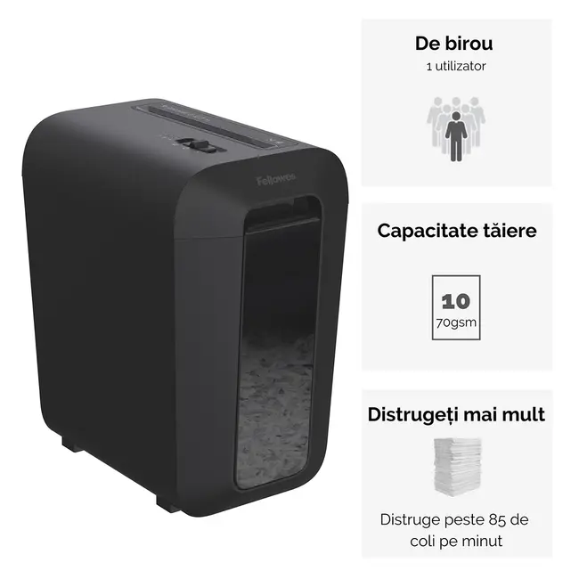 Distrugator documente Fellowes LX65, cross cut, 10 coli, negru BPTCFW400701
