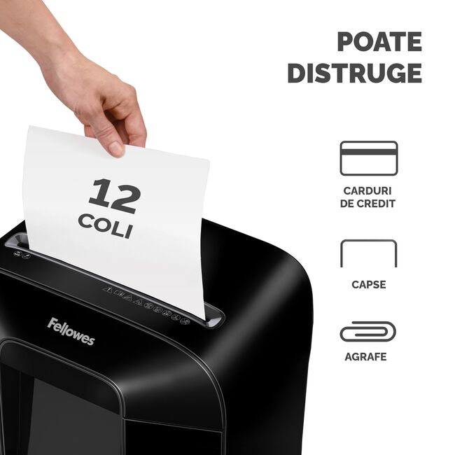 Distrugator documente Fellowes LX85, cross cut, 12 coli, negru BPTCFW400801