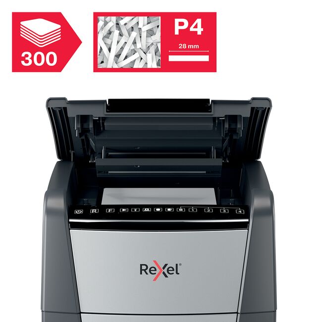Distrugator documente automat REXEL OPTIMUM 300X, P4, cross-cut (confeti), 300 coli, cos 60l, negru-gri BPTCSL020300
