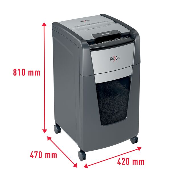 Distrugator documente automat REXEL OPTIMUM 300X, P4, cross-cut (confeti), 300 coli, cos 60l, negru-gri BPTCSL020300
