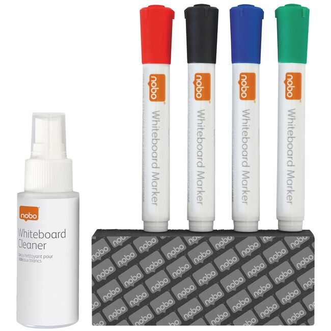 Kit pentru tabla NOBO, 4 markere diverse culori, burete magnetic, spray curatare 50 ml BPTCSL903798