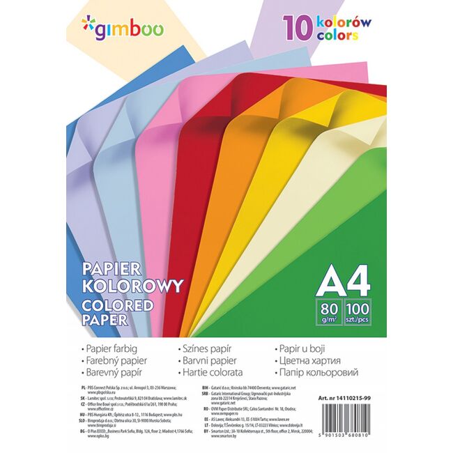 Hartie color GIMBOO, mix 5x20 coli, culori neon, A4, 80g, 100 coli BPTCDN110215