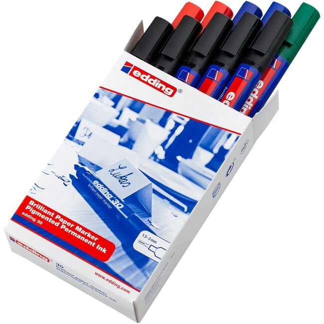 Marker pentru hartie edding 30, corp plastic, varf rotund, 1.5-3 mm, 5 negru, 2 rosu, 2 albastru, 1 verde BPTCED300009