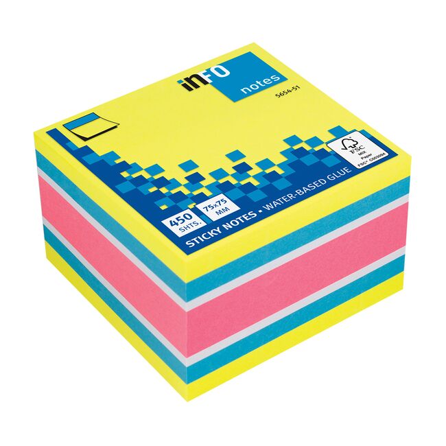 Notite adezive InFO, 75x75 mm, roz/albastru/alb/galben BPTCIN565451