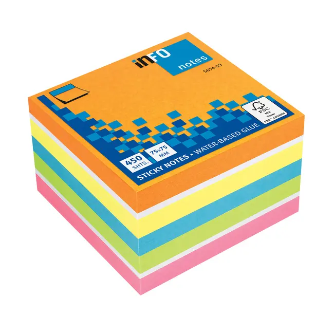 Notite adezive InFO, 75x75 mm, verde/alb/portocaliu/galben/violet BPTCIN565453