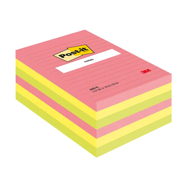 Notite adezive Post-it&reg; 660N, Neon, liniate, 101 x 152 mm, 100 file/bucata, 100% PEFC BPTC3M11051