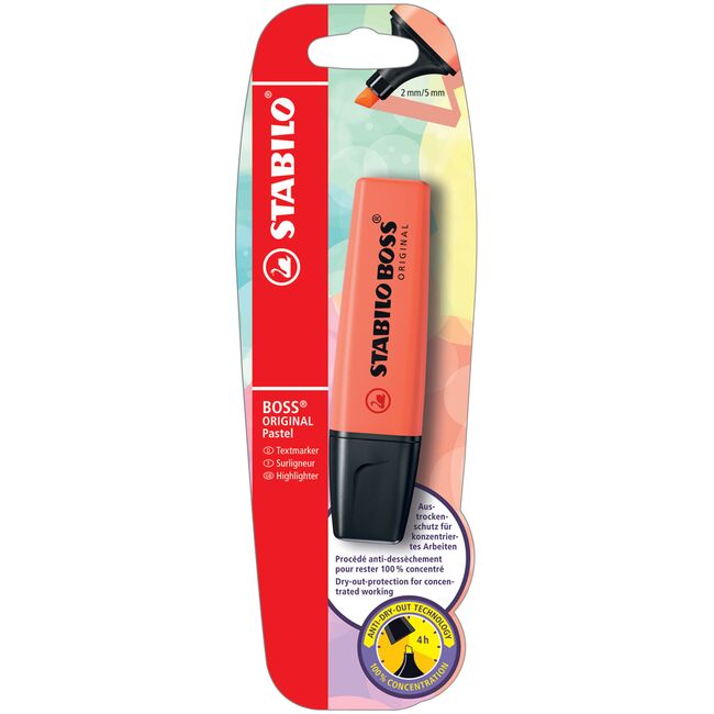 Textmarker Stabilo Boss Original, corp plastic in culoarea cernelei, varf retezat, 2-5 mm, rosu coral, blister BPTCSW558101