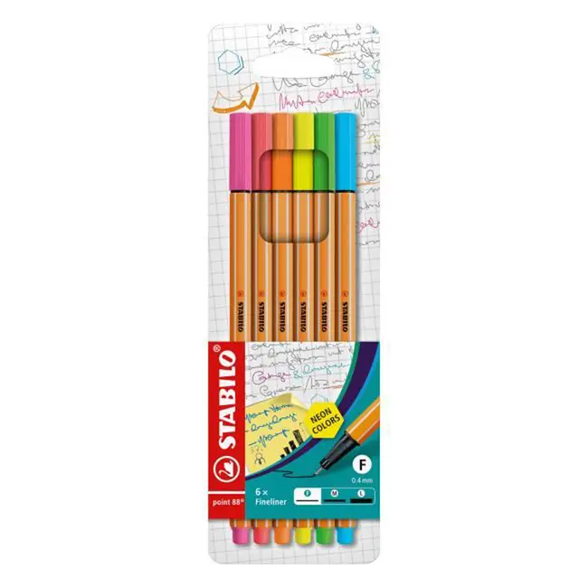 Fineliner Stabilo Point 88, 0.4 mm, 6 culori, neon/set etui BPTCSW8861