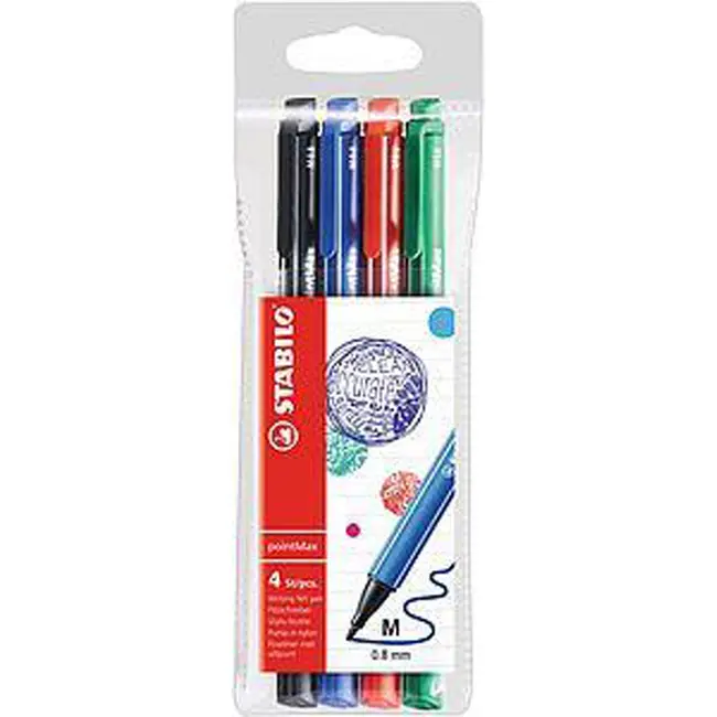 Fineliner Stabilo PointMax, varf 0.8 mm, set 4 culori, albastru, negru, rosu, verde, blister BPTCSW48800B