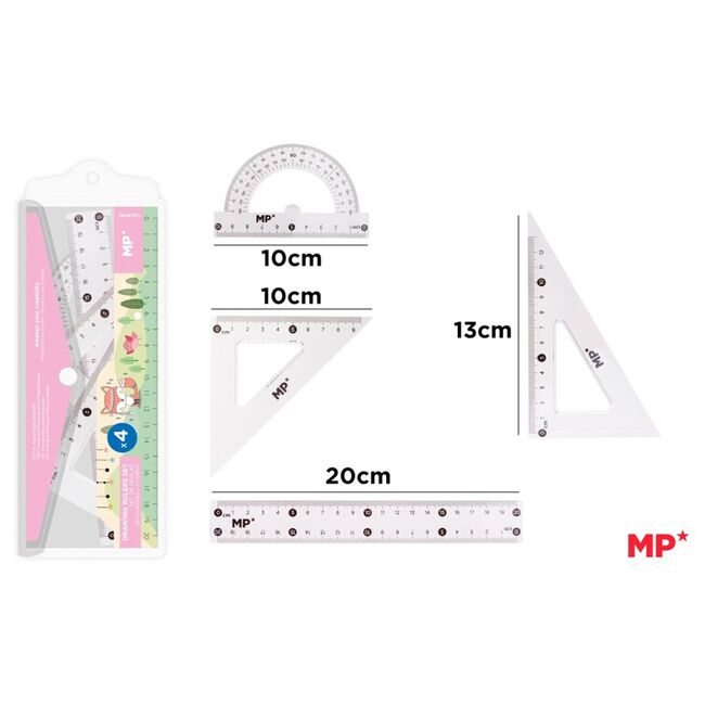 Set geometrie Main Paper, 4 piese, transparent, raportor, 2 echere, rigla 20 cm, blister roz BPTCMR176237