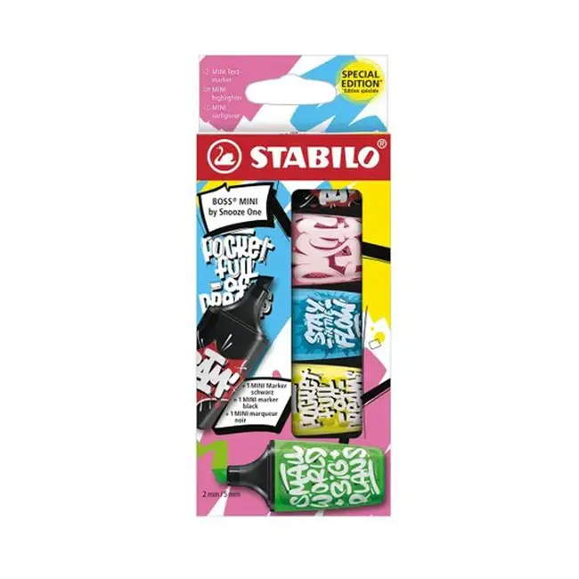 Textmarker Stabilo Boss mini by Snooze One, 5 culori / set, negru, roz, albastru, galben, verde, etui, carton BPTCSW07053010
