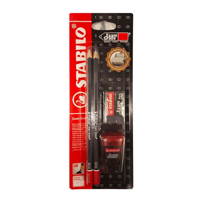 Creion grafit Stabilo ExamGrade, set 4 creioane 2B, radiera fara PVC, ascutitoare, blister BPTCSW002884
