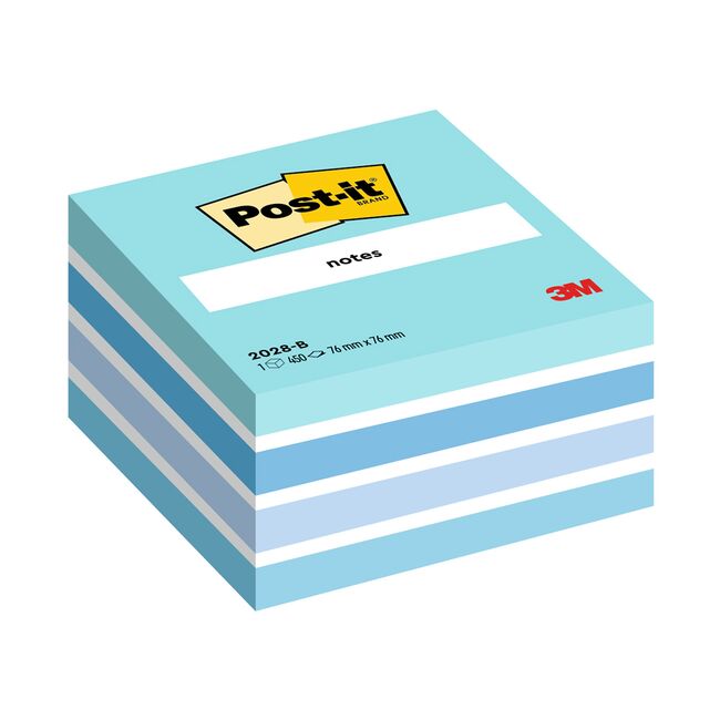 Cub notite adezive Post-it®, Aquarelle albastru, 76 x 76 mm, 450 file/bucata, 100% PEFC BPTC3M110135