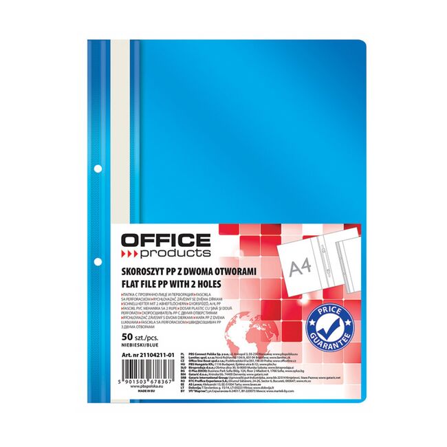 Dosar cu sina si 2 perforatii Office Products, A4, plastic, albastru, 50 bucati/set BPTCDN421101