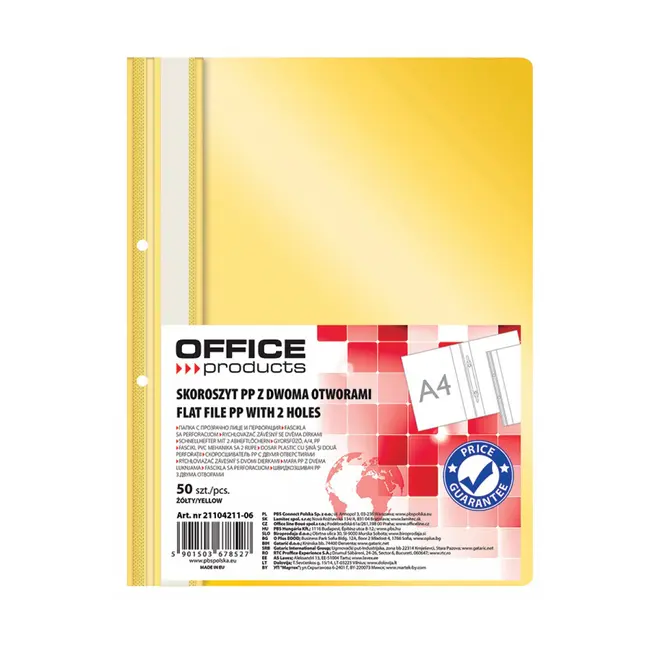 Dosar cu sina si 2 perforatii Office Products, A4, plastic, galben, 50 bucati/set BPTCDN421106