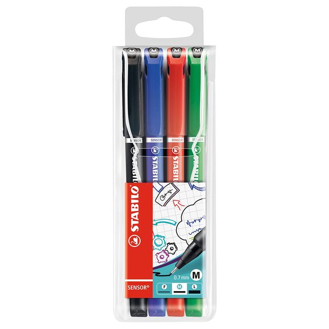 Fineliner Stabilo Sensor, 0.7 mm, 4 culori/set, verde, rosu, albastru, negru, etui plastic BPTCSW001874