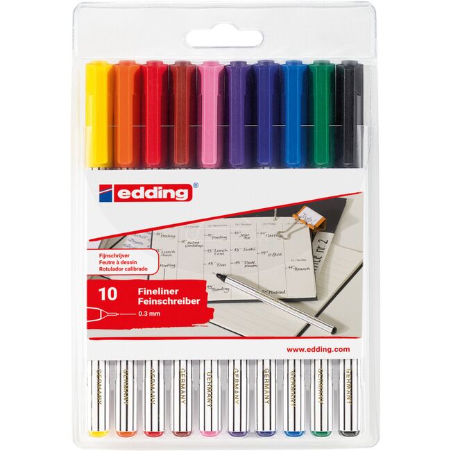 Liner edding 89, corp plastic, varf rotund, 0.3 mm, set 10 culori: negru, rosu, albastru, verde, galben, portocaliu, maro, violet, roz, albastru deschis BPTCED8910
