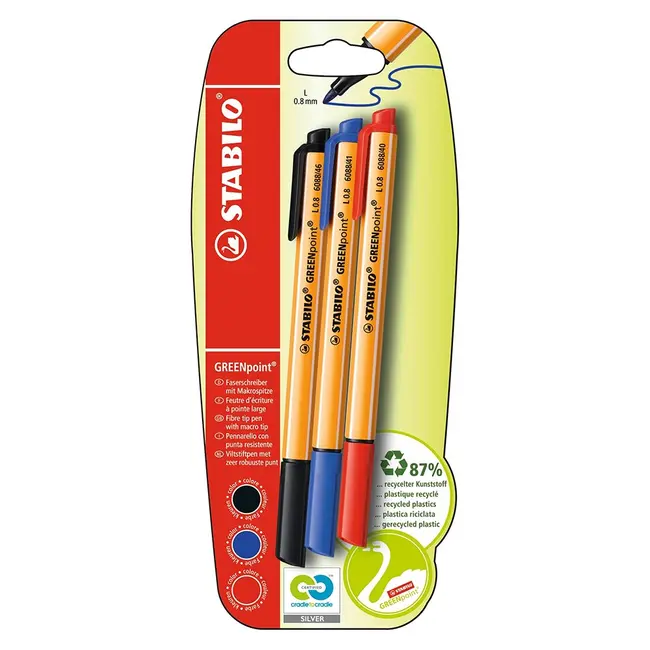 Marker Stabilo Greepoint, 0.8 mm, albastru, negru, rosu, set 3 culori/blister BPTCSW399241