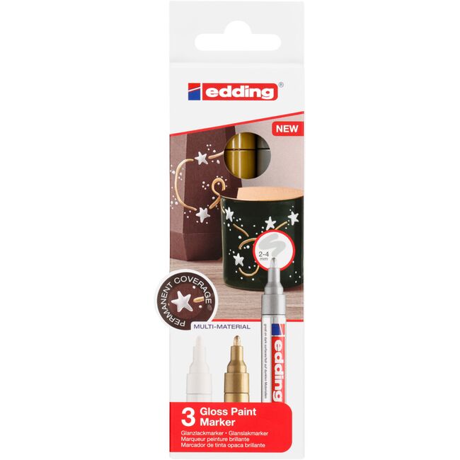Marker cu vopsea edding 750, corp metalic, varf rotund, 2-4 mm, set 3 culori, alb, auriu, argintiu BPTCED750399