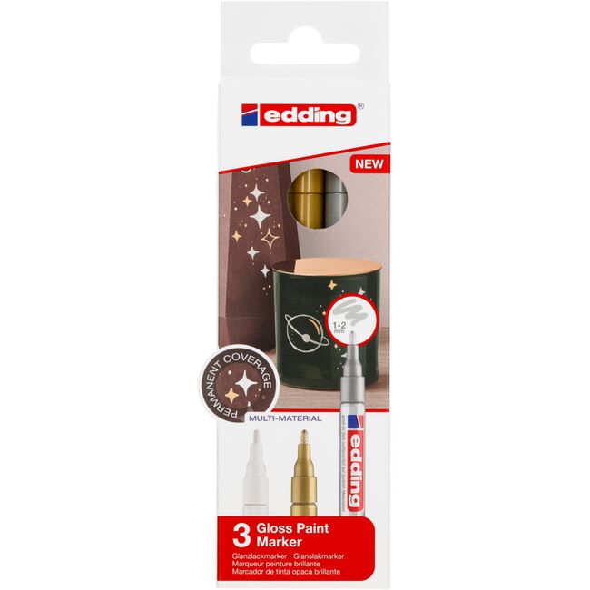 Marker cu vopsea edding 751, corp metalic, varf rotund, 1-2 mm, set 3 bucati, alb, auriu, argintiu (metalizat) BPTCED7510309