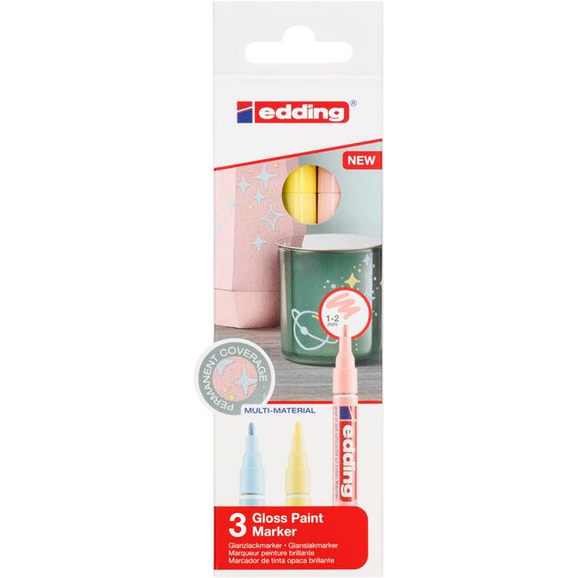 Marker cu vopsea edding 751, corp metalic, varf rotund, 1-2 mm, set 3 culori pastel - galben, roz, albastru BPTCED7510399