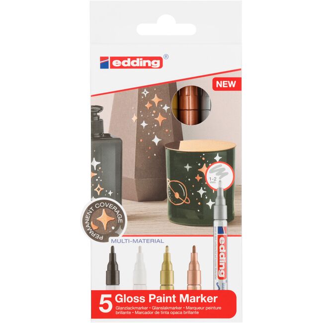 Marker cu vopsea edding 751, corp metalic, varf rotund, 1-2 mm, set 5 culori metalice: negru, alb, auriu, argintiu, cupru BPTCED7510509