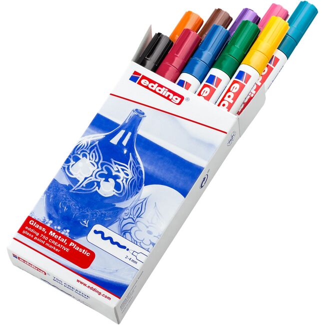 Marker edding 750 cu vopsea, corp metalic, varf rotund, 2-4 mm, set 10 culori: negru, rosu, albastru, verde, galben, portocaliu, maro, violet, roz, albastru deschis BPTCED750999