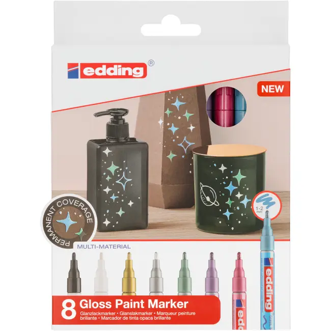 Marker edding 751 cu vopsea, corp metalic, varf rotund, 1-2 mm, set 8 culori: negru, alb, auriu, argintiu, albastru deschis metalizat, verde metalizat, violet metalizat, roz metalizat BPTCED7510809