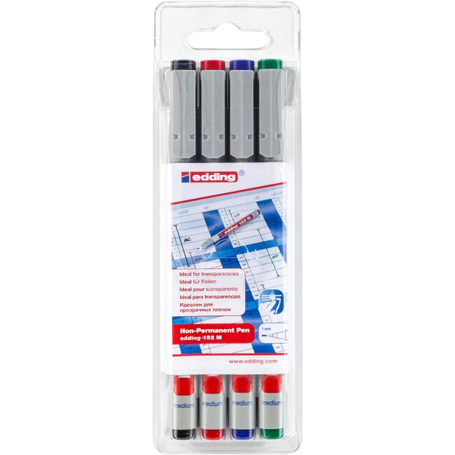 Marker nepermanent edding 152, corp din plastic, varf rotund, 1 mm, set 4 culori: negru, rosu, albastru, verde BPTCED152006