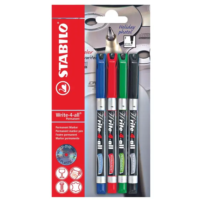 Marker permanent Stabilo Write-4-all, F, 0.7 mm, 4 culori/blister, albastru, negru, rosu, verde BPTCSW175510
