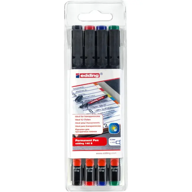 Marker permanent edding 140 S, set 4 bucati, corp din plastic, varf rotund, 0.3 mm, culori asortate: negru, rosu, albastru, verde BPTCED1405