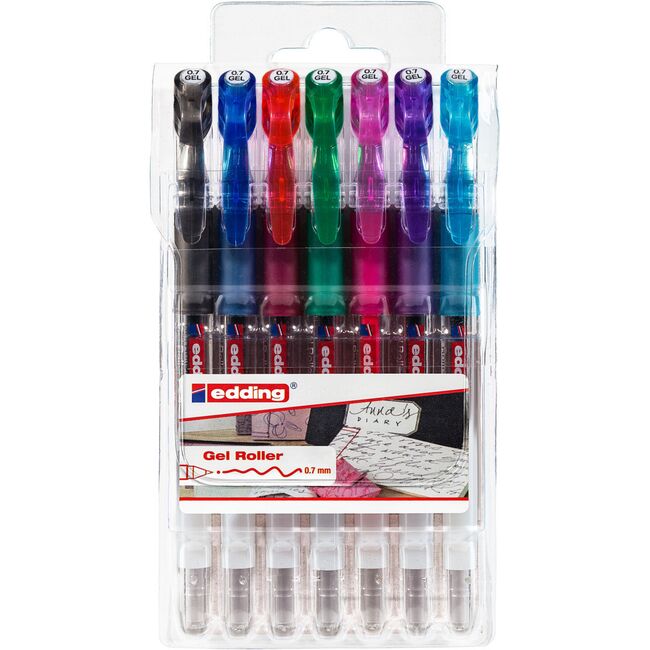 Roller gel edding 2185, corp din plastic, varf 0.7 mm, set 7 culori: negru, rosu, albastru, verde, violet, roz, albastru deschis BPTCED218538