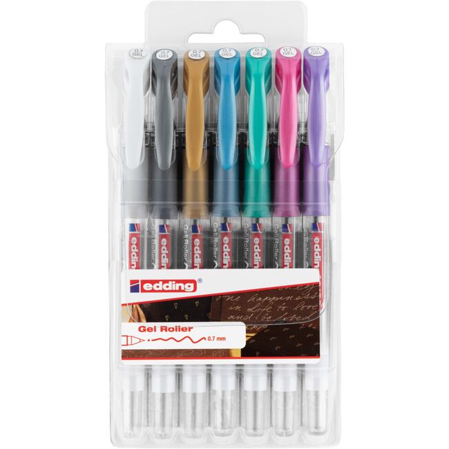 Roller gel edding 2185, varf 0.7 mm, set 7 culori, alb, auriu, argintiu, albastru metalic, verde metalic, roz metalic, violet metalic BPTCED218537