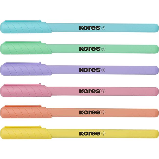 Set 6 pixuri fara mecanism Kores Korm, varf 1 mm, corp pastel, scriere albastra BPTCKS992529