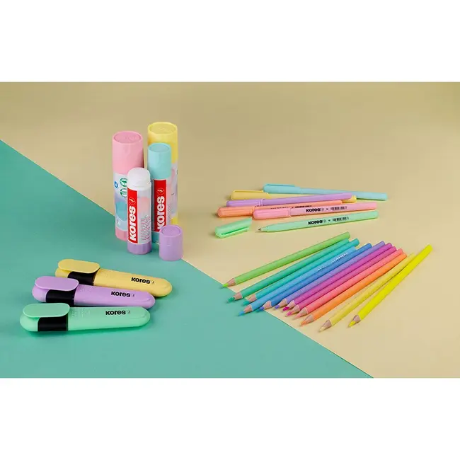 Set 6 pixuri fara mecanism Kores Korm, varf 1 mm, corp pastel, scriere albastra BPTCKS992529